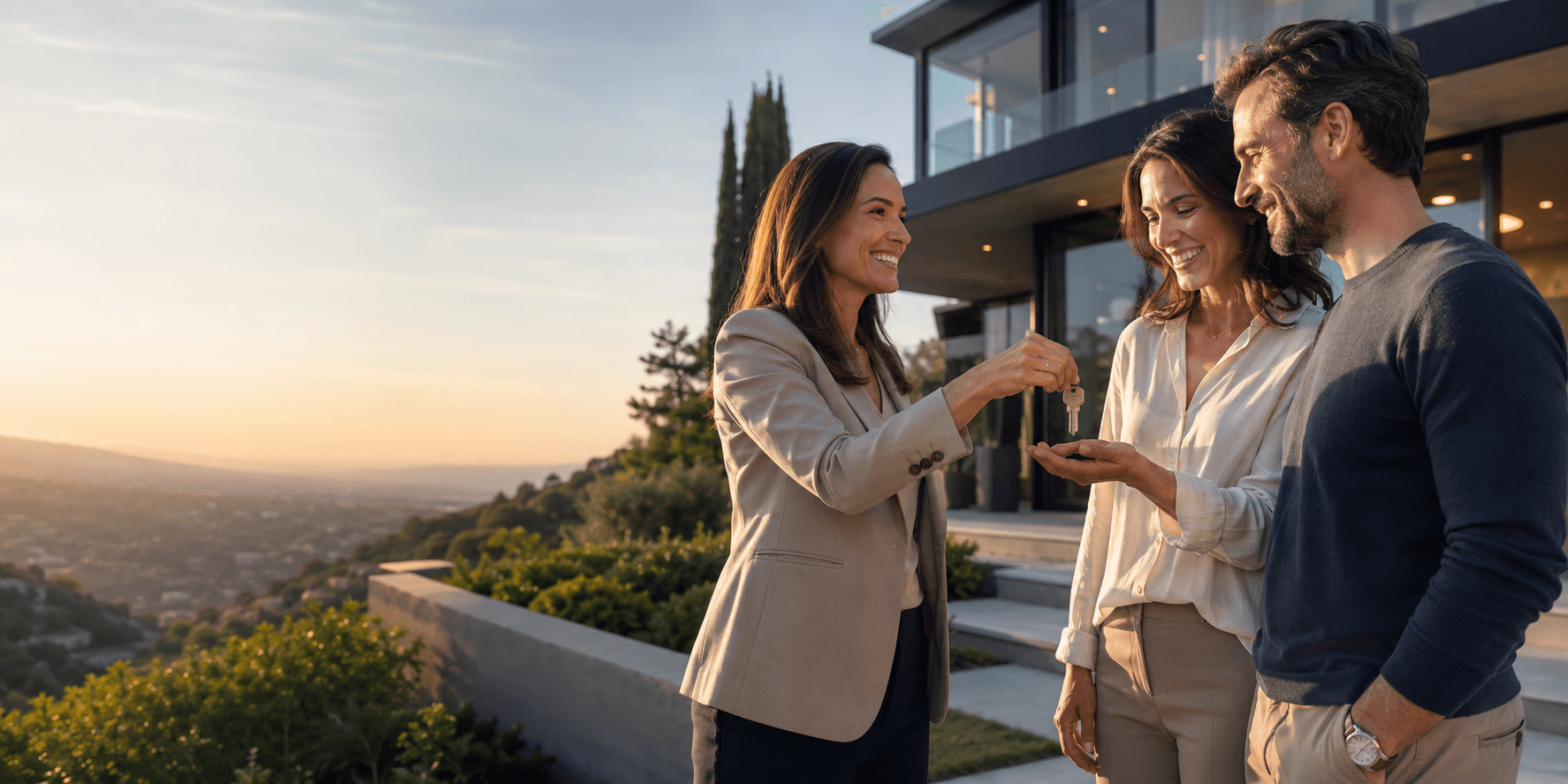 Real estate agent handing keys to a couple outside a modern hillside home at sunset